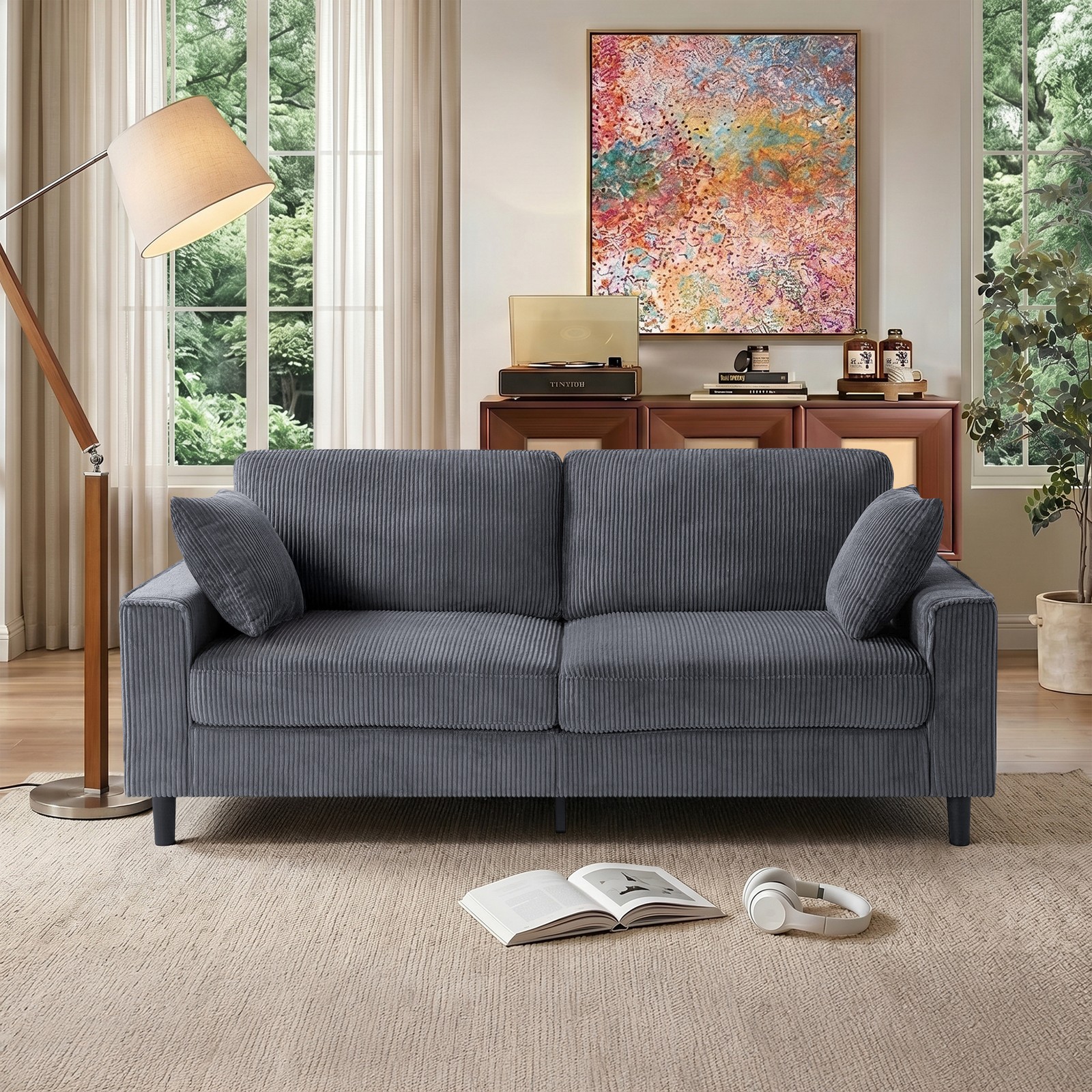Corduroy Loveseat Sofa 2-Seater 81.8"L Gray Upholstered Couch