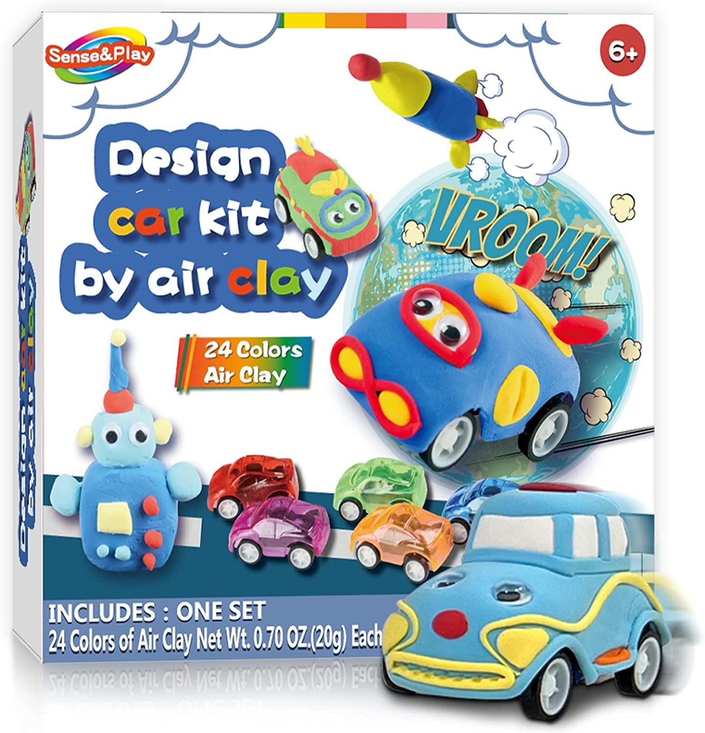 24 Color Air Dry Clay for Kids w/6 Pull Back Toy Car, Design Car Kit by Air Clay