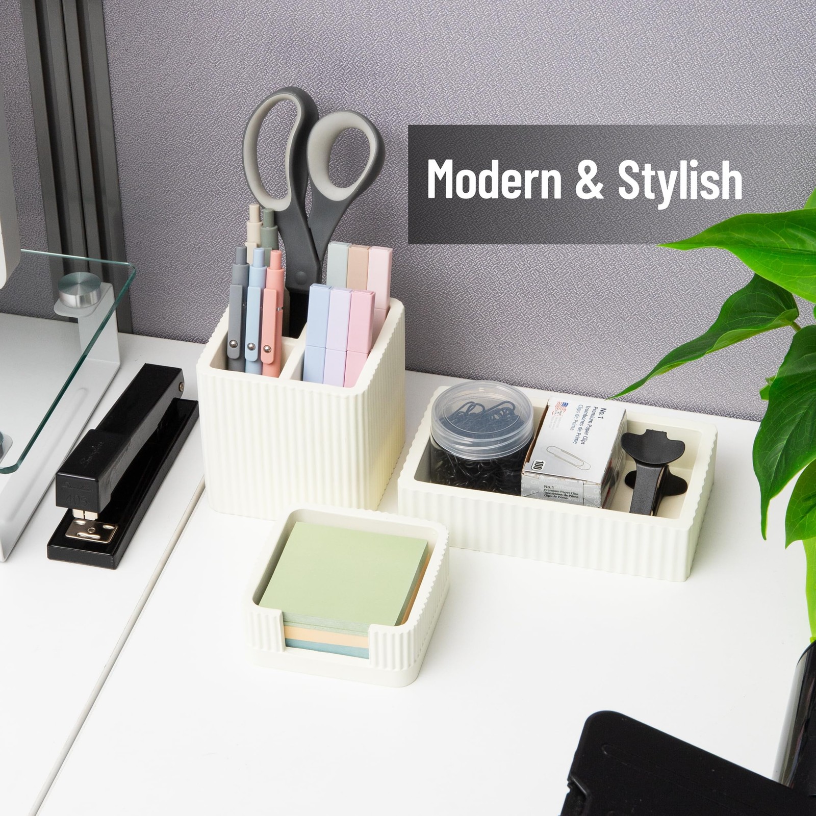3-Piece Cement Desk Organizer Set, Desktop Accessory Kit with Pen Cup, Sticky...