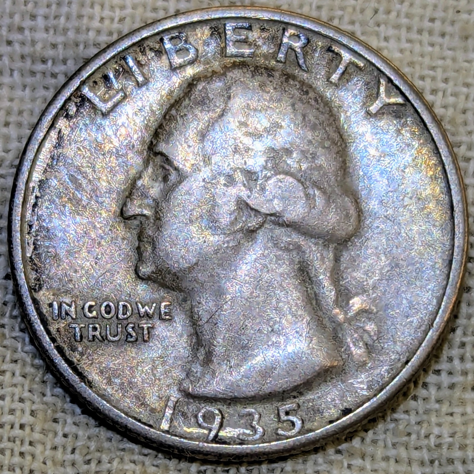 1935 Washington Quarter VF++ : Very Fine, Colorful Tone - .9 Fine Silver Coin
