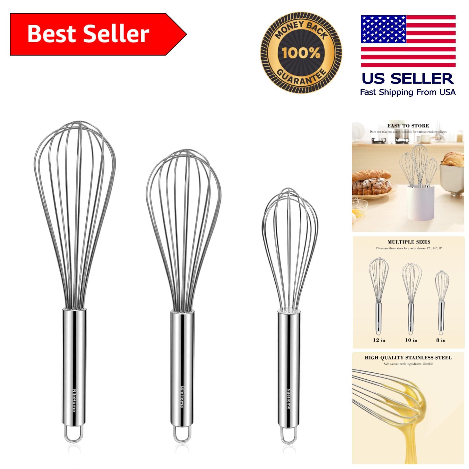 High-Quality 3-Pack Stainless Steel Whisks: 8", 10", and 12" Sizes for Chefs