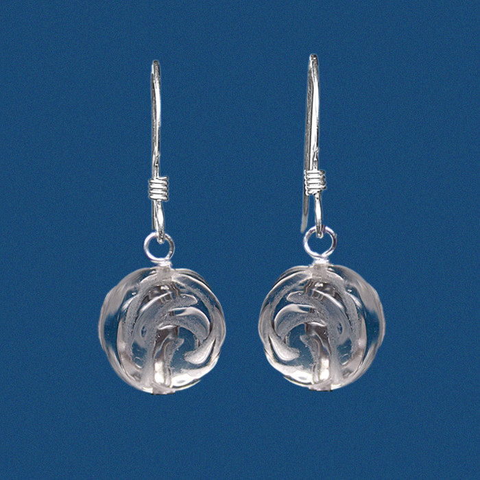 GENUINE CARVED ROSE ROCK CRYSTAL BEAD / BALL 925 STERLING SILVER DROP EARRINGS