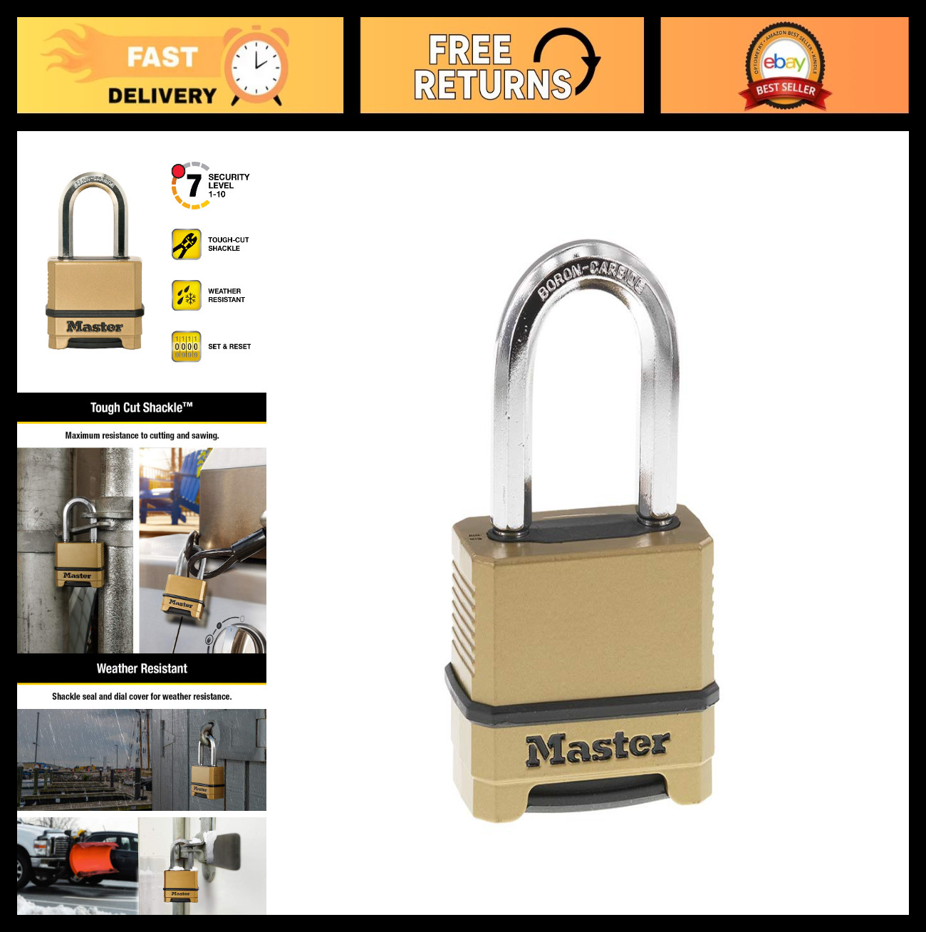 Heavy Duty Weatherproof Combination Padlock, Resettable for Outdoor Use, Brass F