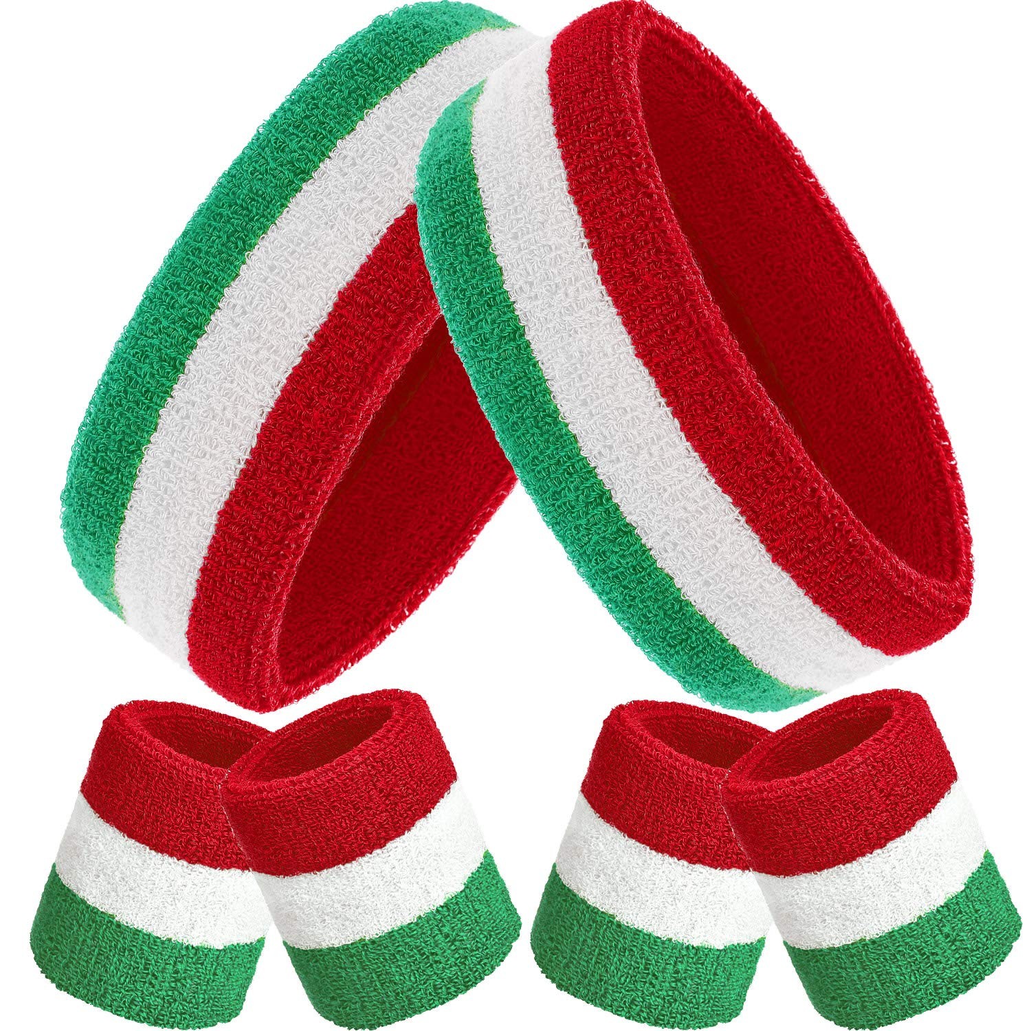 6 Pcs Terry Cloth Rainbow Sweatbands Set - 2 6 Pieces, Red White and Green
