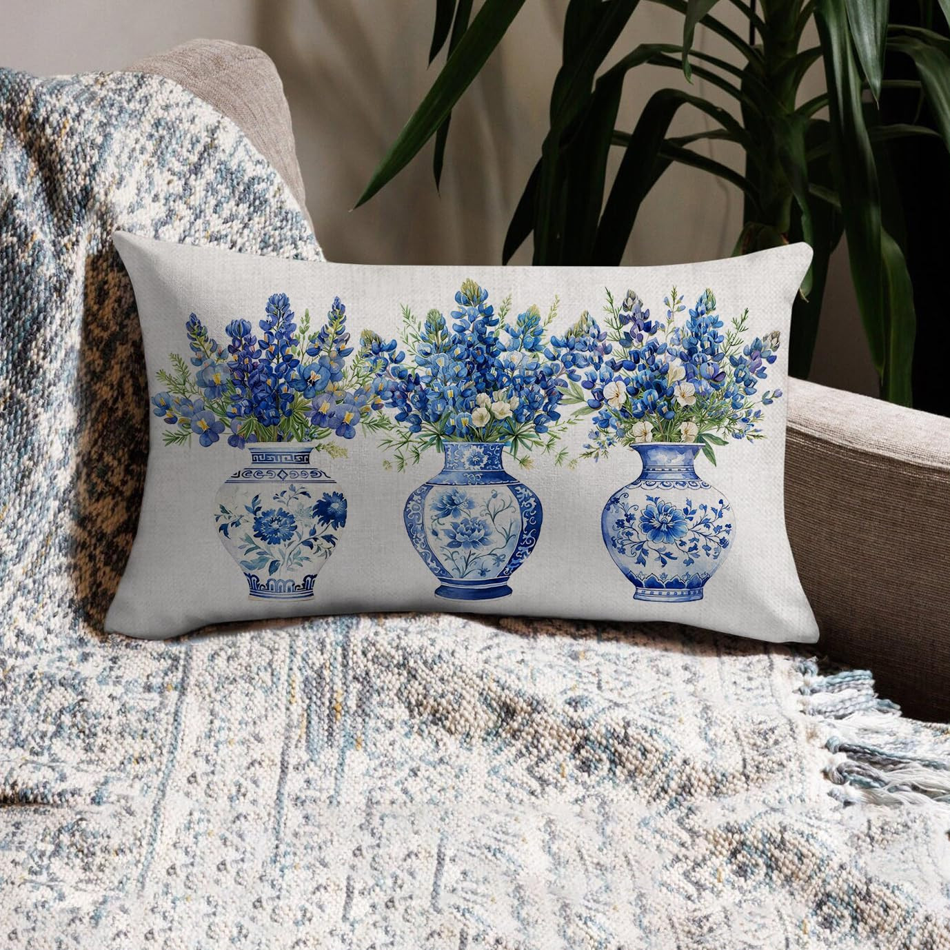 Bluebonnet Throw Pillow Cover 12x20 Inch Spring Blue Floral Chinoiserie Vase Pil