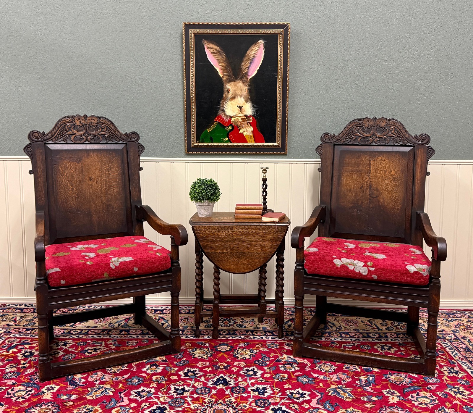 Antique Pair of English Carved Oak Wainscot Highbacked Armchairs c. 1900-1920