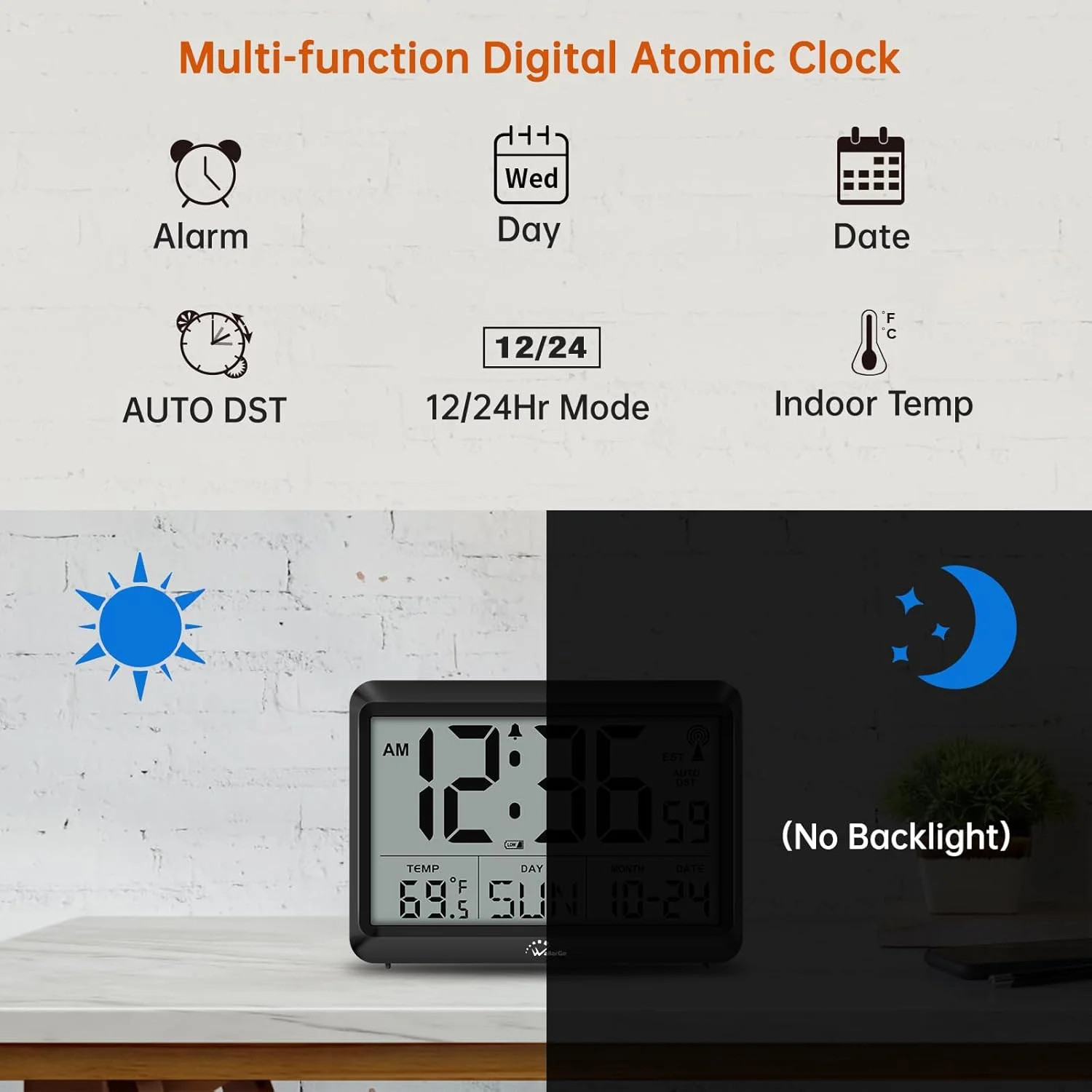 Atomic Digital Wall Clock Large Display Temp Date Day Silent 4 Zone DST