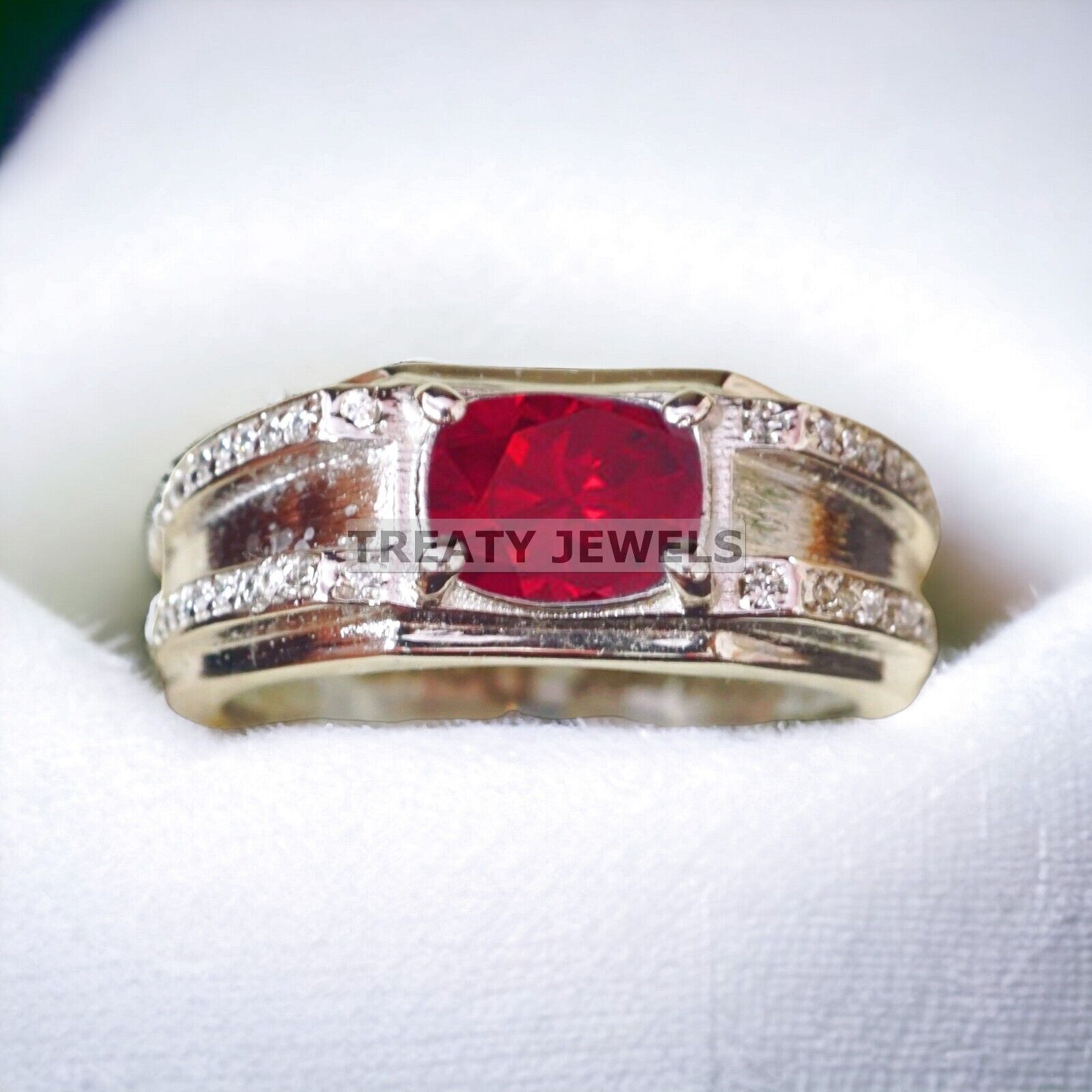 Ruby Oval Cut Gemstone With 14K Solid White Gold Ring For Men's #A531