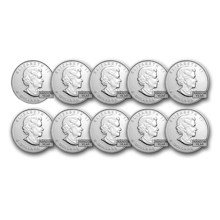 1 oz Canada Silver Maple Leaf Coin BU (Lot of 10, Random Year) .9999 Fine