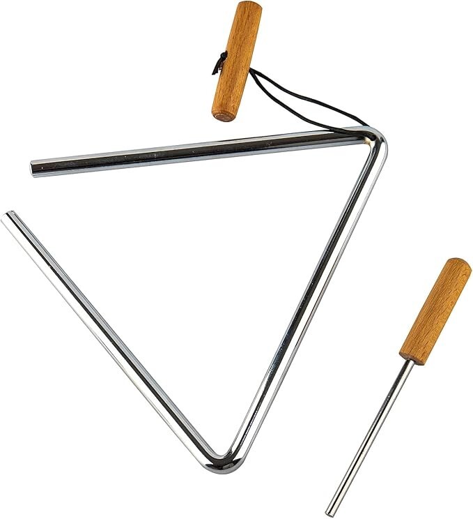 Instrumento musical de percusión manual triangular con percutor, Rhythm Steel.