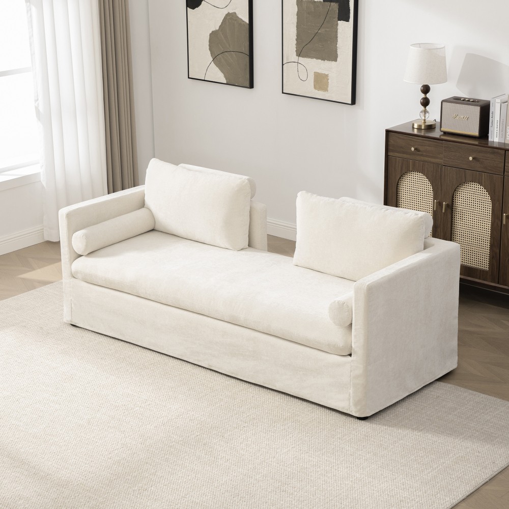 Sofa Bed, 2-Seater Chenille Beige Upholstery with Pillows, Fast Shipping