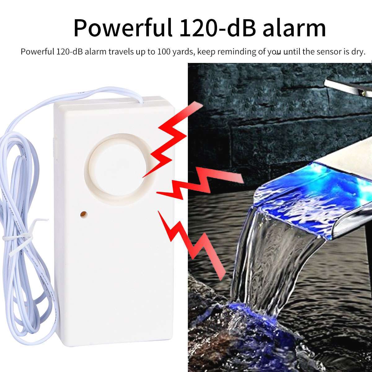 Automatic WaterLeak Detector 90/120dB WaterSensor Alarm Flood Alert for Basement