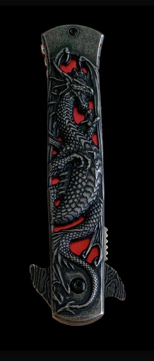 8.75” Dragon Engraved Spring Open Assisted Tactical EDC Folding Pocket Knife