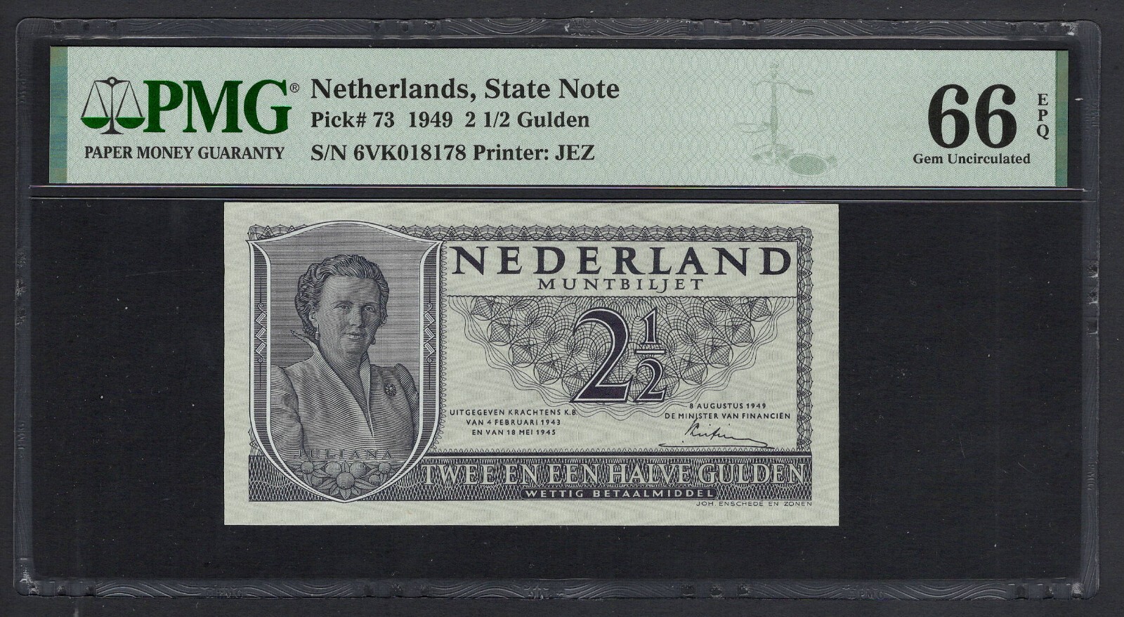 Netherlands 2 1/2 Gulden 1949 P73 Uncirculated Grade 66