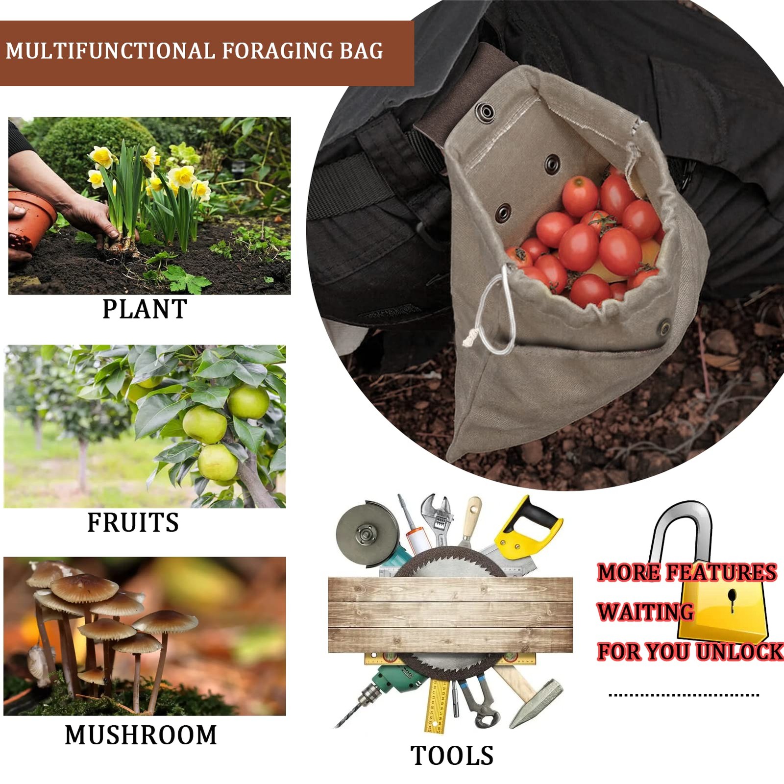 Foraging Pouch Leather Canvas Collapsible Bag Water Resistant 8.66", Green