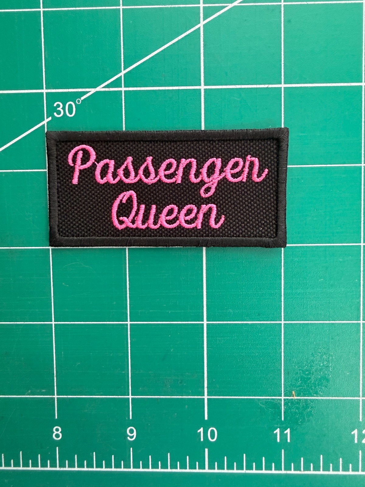 Biker Patches - Passenger Queen in Pink Letters on Black Background Rectangle