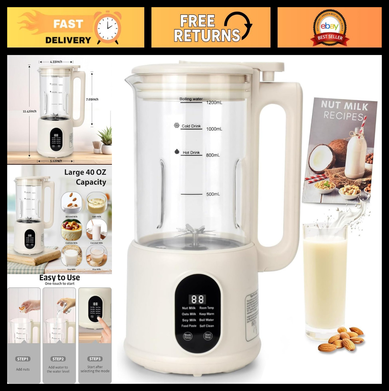 40 Oz Nut Milk Maker - 8-in-1 Automatic Plant-Based Milk Machine, Timer, Auto-Cl