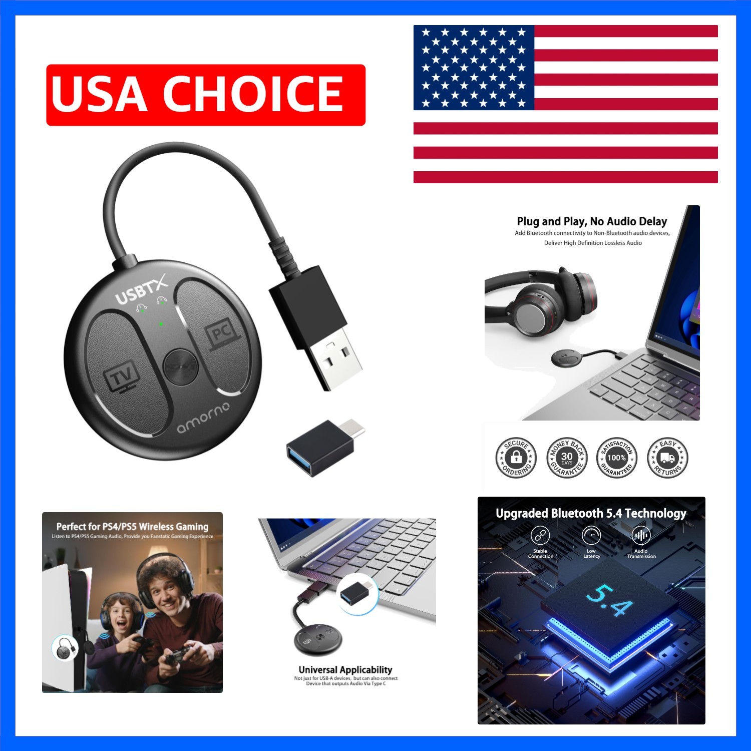 USB-C Bluetooth Adapter for PS5, Bluetooth 5.4 Audio Adapter for PC, Plug and...