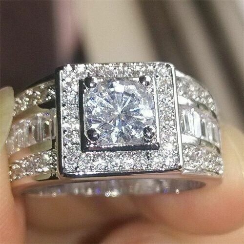 White Diamond 2.30 Ct Round Cut Lab-Created Men's Engagement Ring 925 Silver