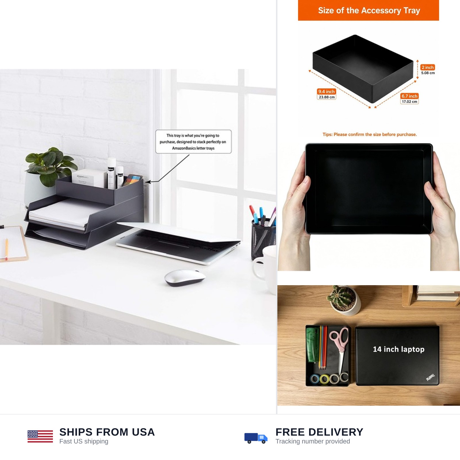 Amazon Basics Rectangular Plastic Desk Organizer with Storage Trays, Accessor...