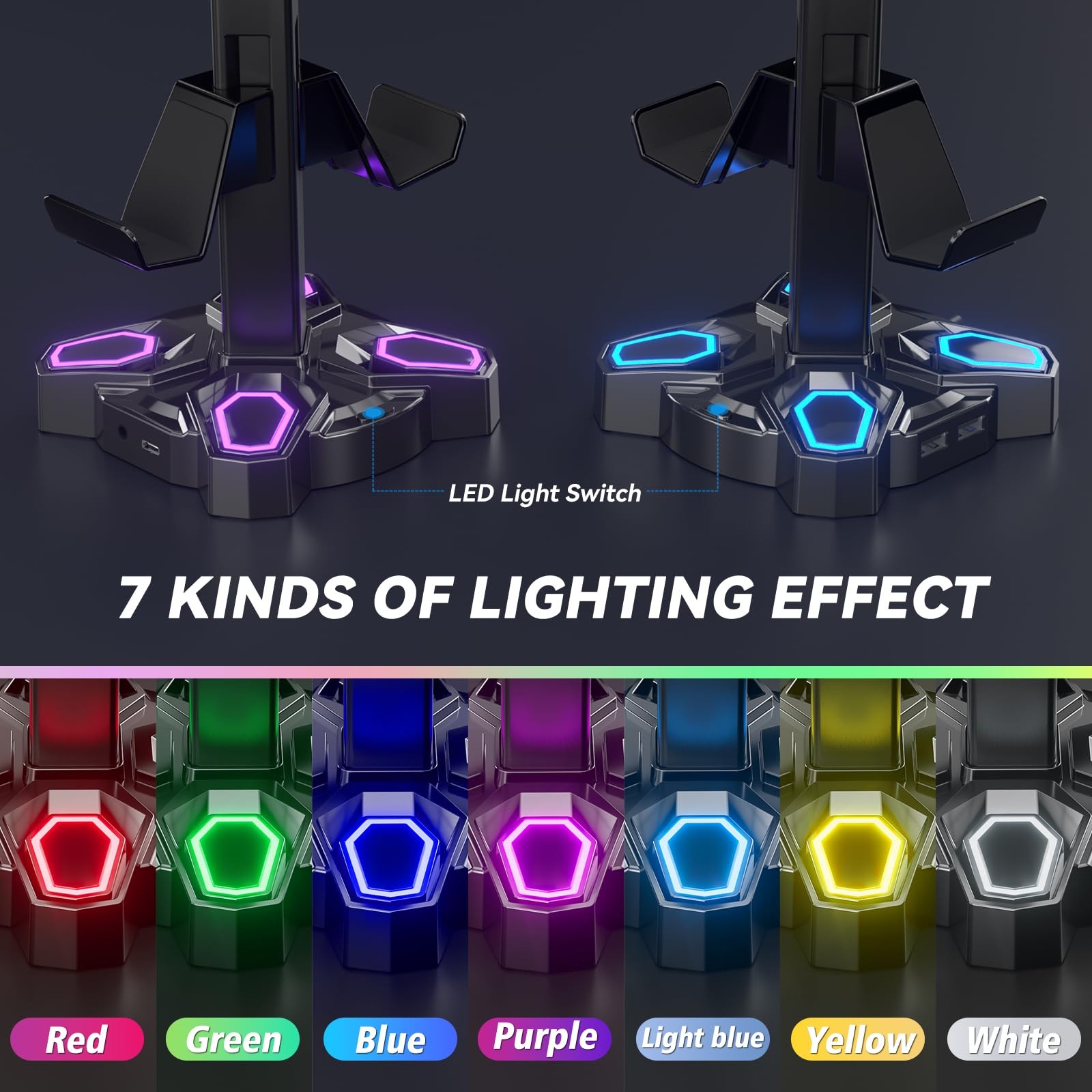 KDD Gaming Headphones Stand, Rotatable Headset Stand with Light Modes - Black