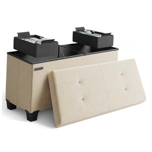 Storage Ottoman Bench with Bins, 30-in 15"D x 30"W x 15"H Fabric 08 - Beige