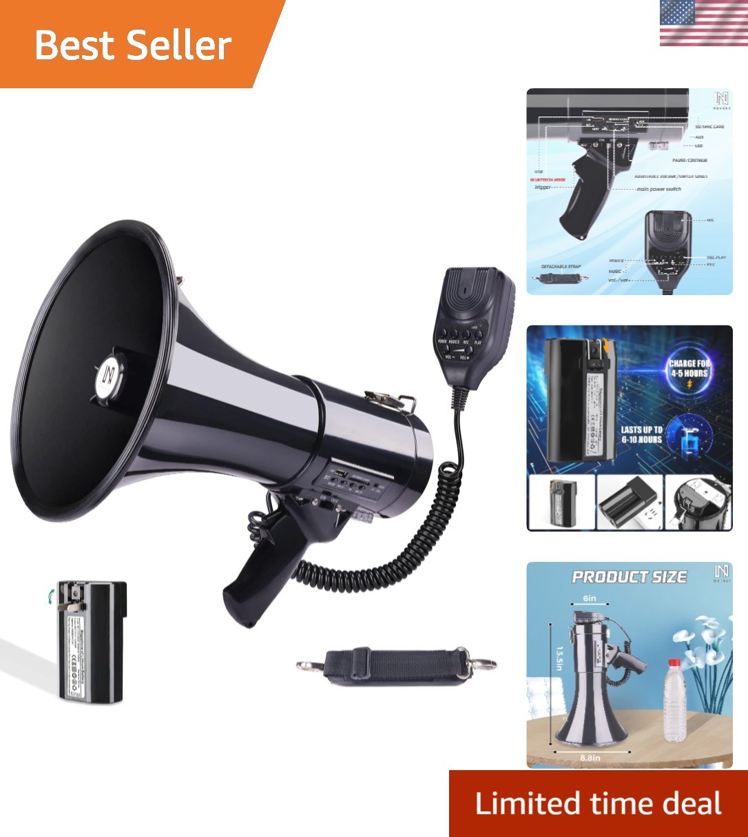 Lightweight 50W Bluetooth Megaphone with Siren, Recording & Portable Strap