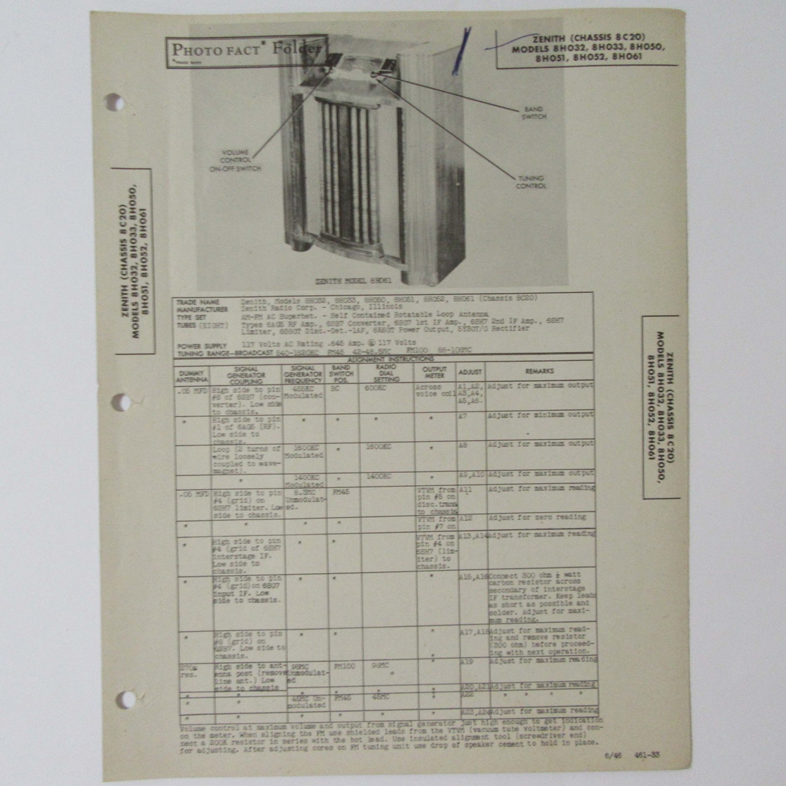 Zenith Models 8H032 8H033 8H050 8H051 8H052 8H061 AM Radio SAMS Photofact ™ 1946