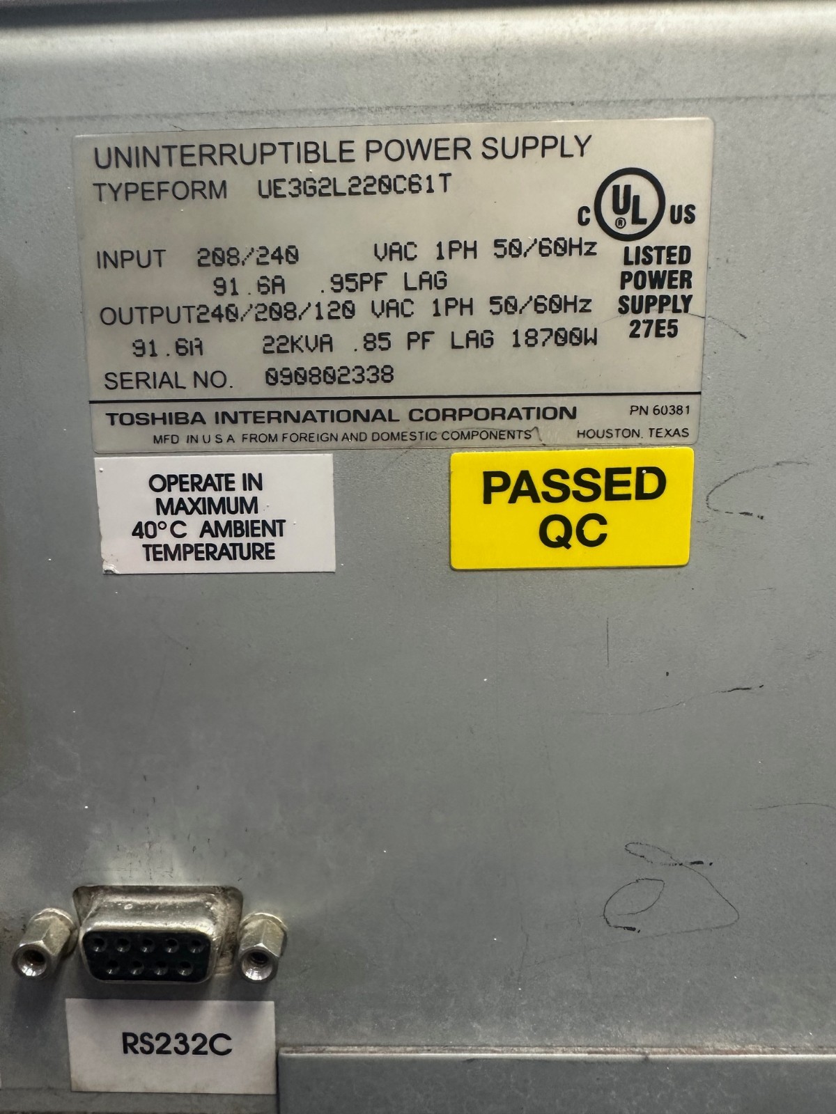 Toshiba UE3G2L220C61T Uninterruptible Power Supply 1600EP Series UPS 22KVA 91.6A