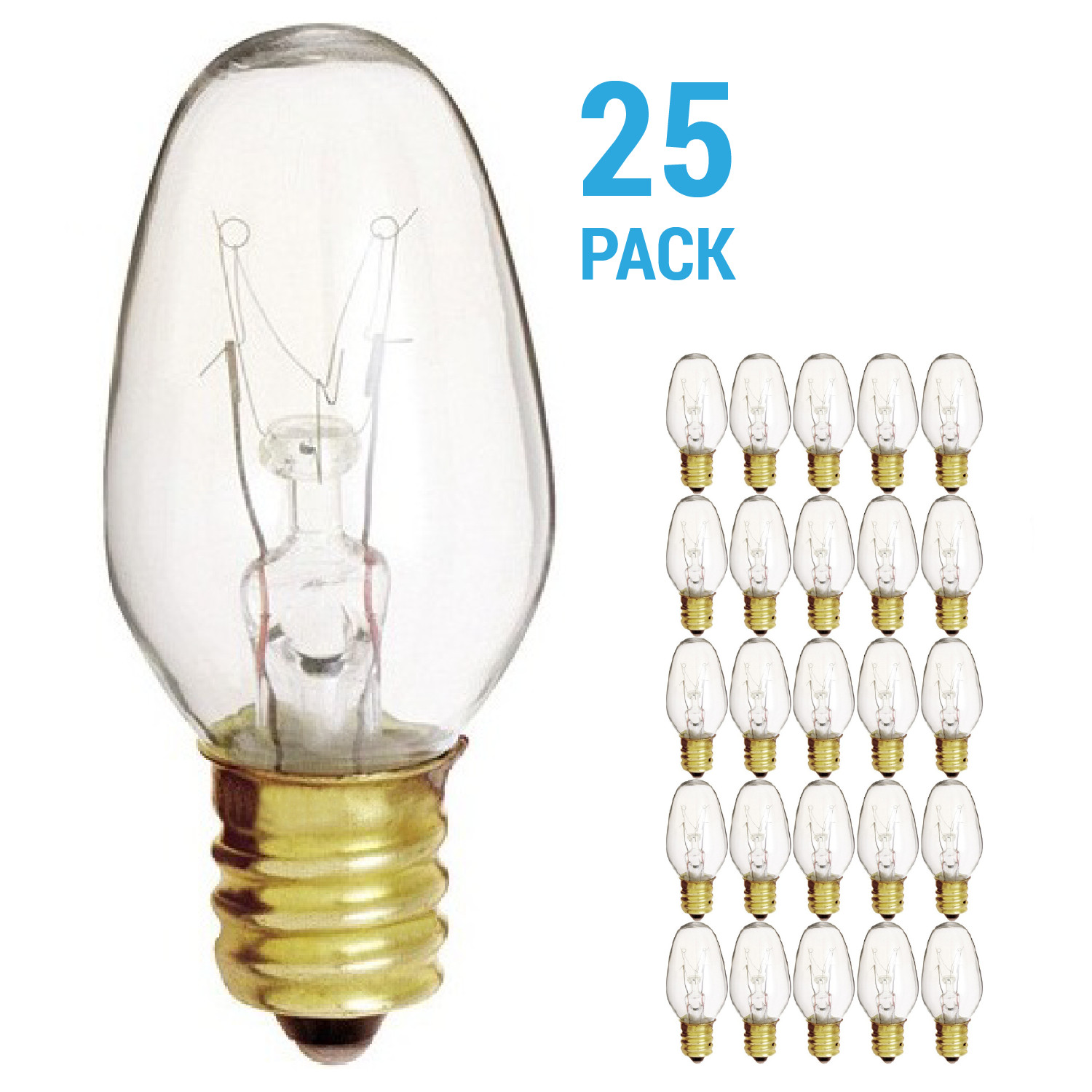 25 Pack Night Light Bulbs 7C7 7W Watt 120V Volt C7 Candelabra E12 Base Clear
