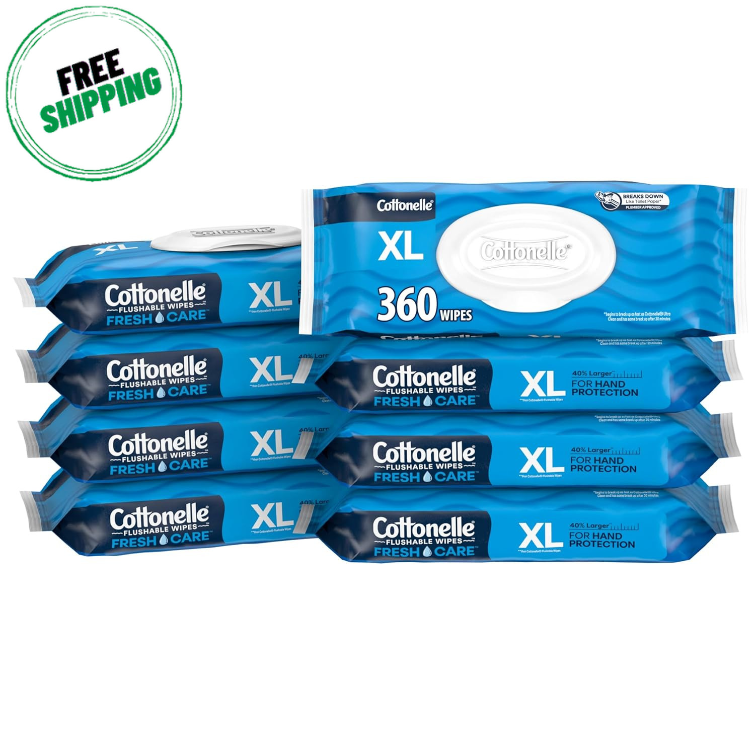 Cottonelle XL Flushable Wet Wipes, Adult Wipes Large, 8 Flip-Top Packs, 45 Wipes