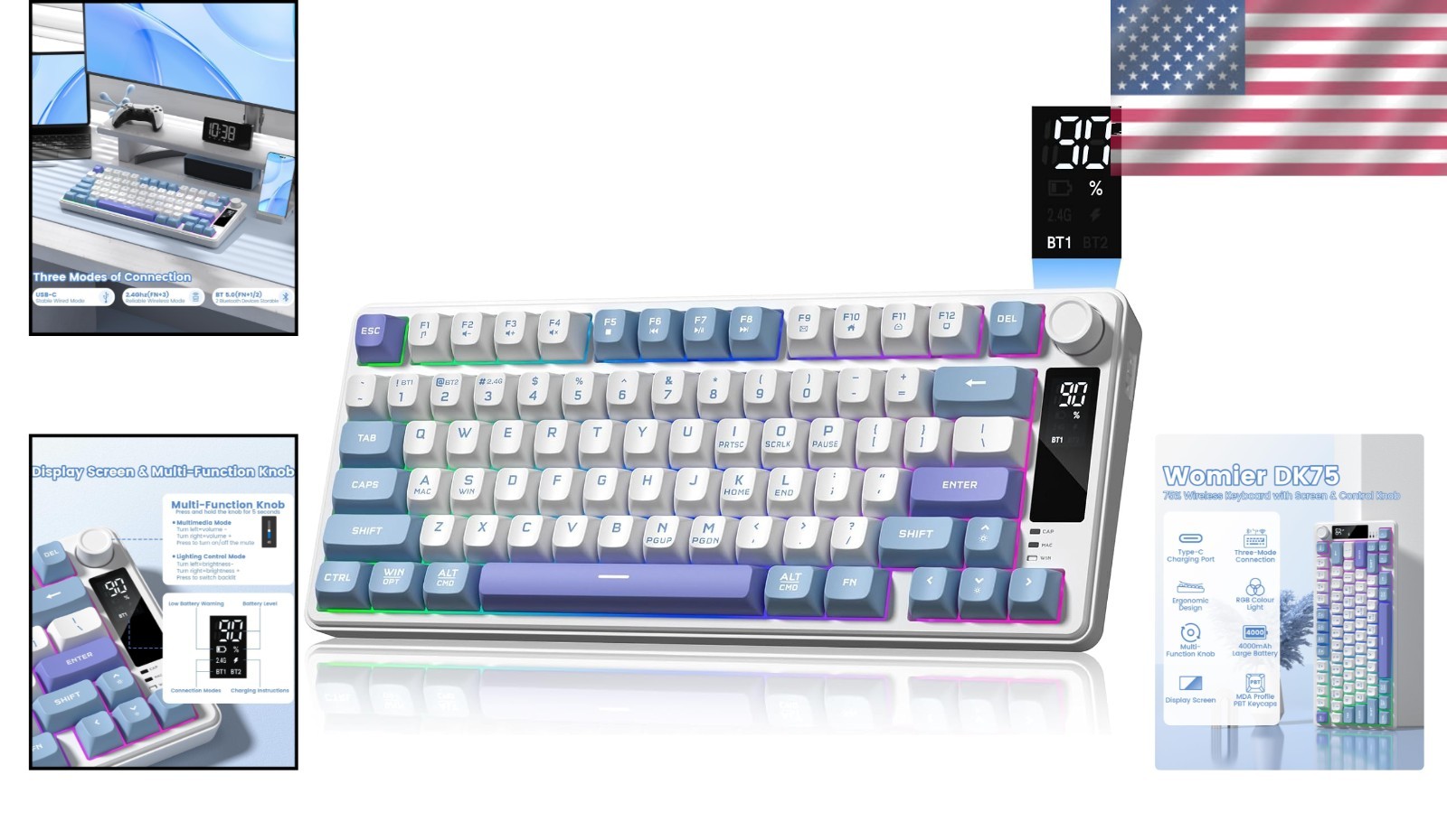 Elegant Womier DK75 Wireless Gaming Keyboard with RGB Backlighting, 75% Layout