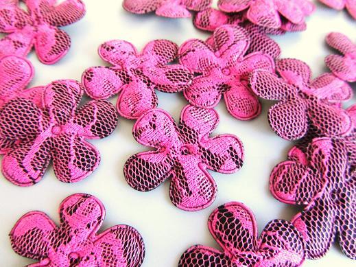 40 Hot Pink Mesh Floral Lace/Black Satin Flower Applique/trim/Craft H258-Fuchsia