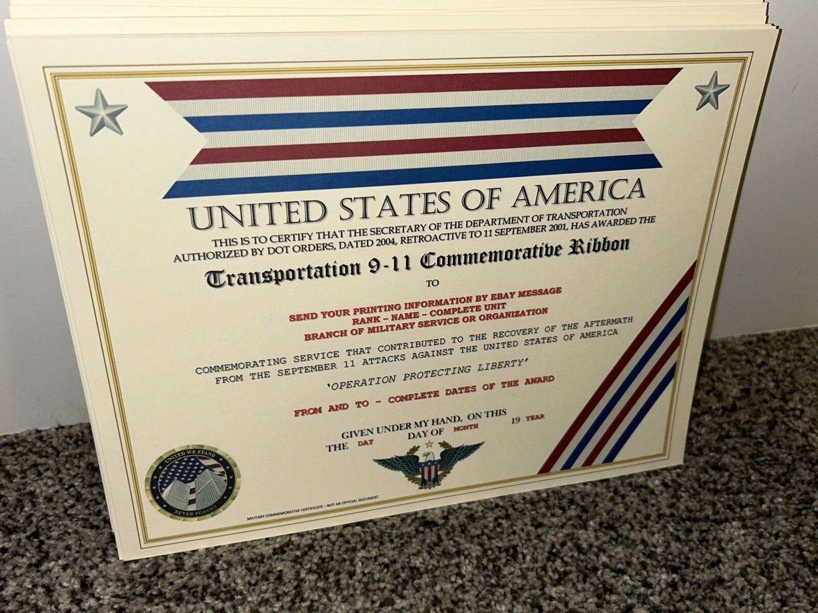 COAST GUARD / TRANSPORTATION 9-11 COMMEMORATIVE CERTIFICATE ~ W/PRINTING TYPE-1