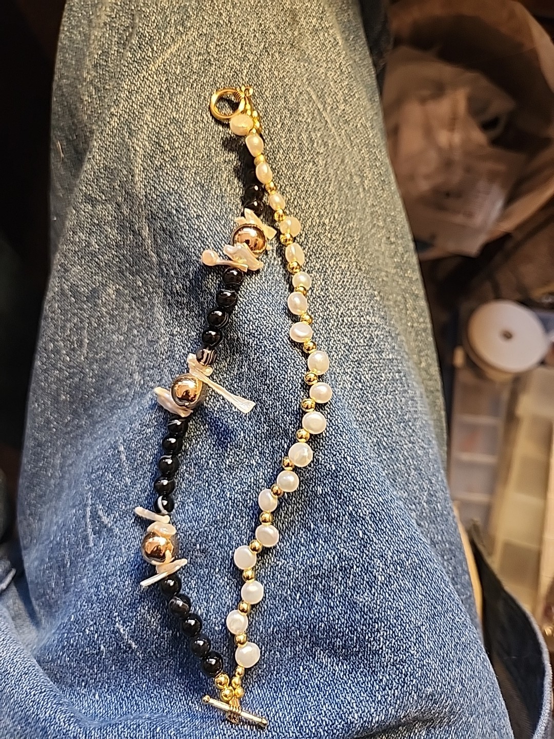 HANDMADE GENUINE FRESHWATER PEARL AND BANDED AGATE 8" TWO STRAND BRACELET