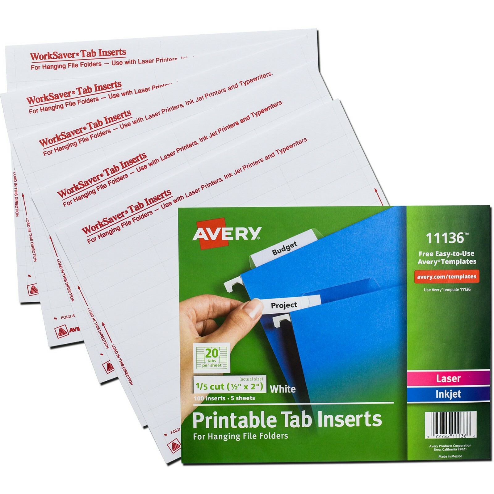 Avery 11136 WorkSaver Printable Tab Inserts for 1/5 Cut Hanging Folders