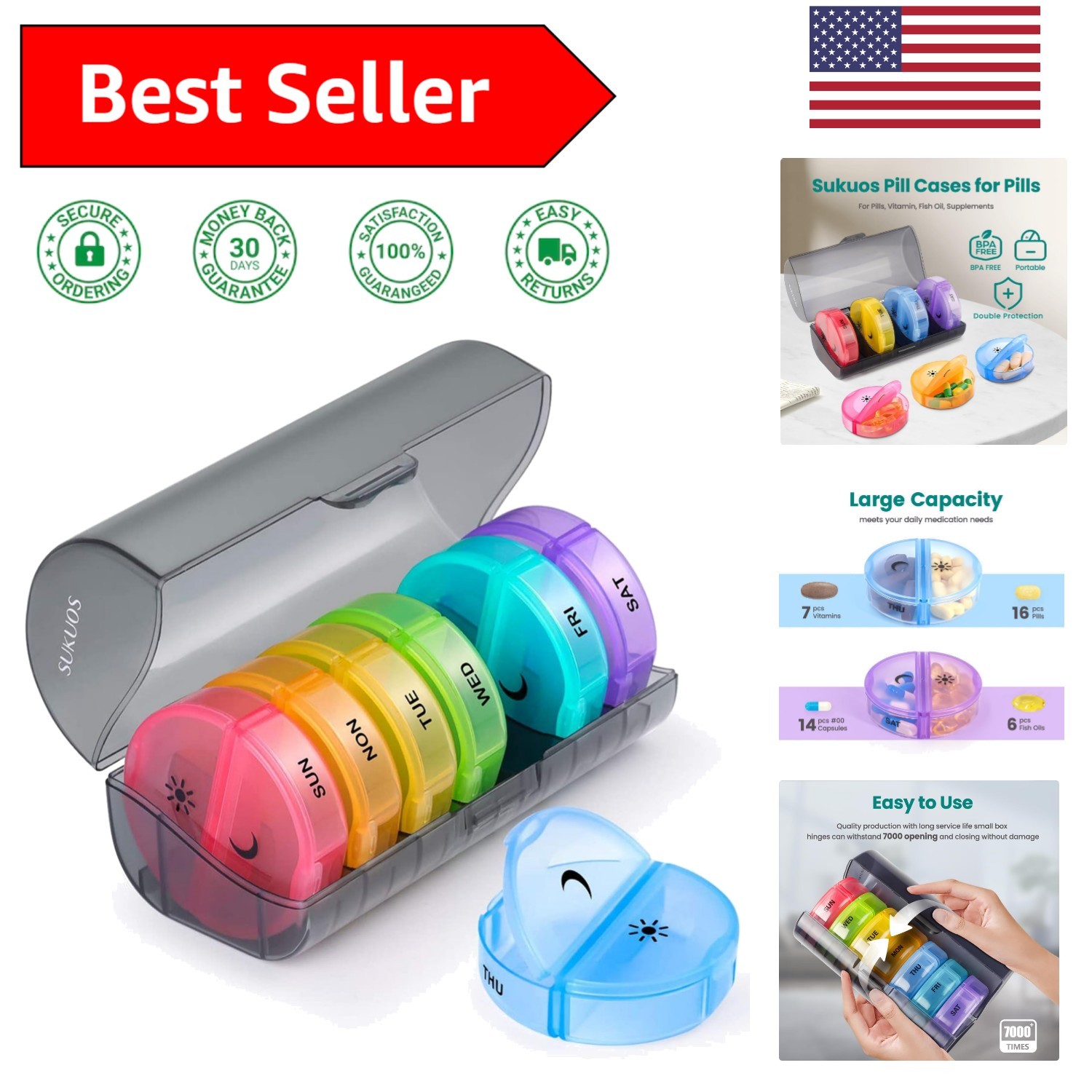 Large Portable Pill Box for Vitamins and Supplements – AM PM Design in Black