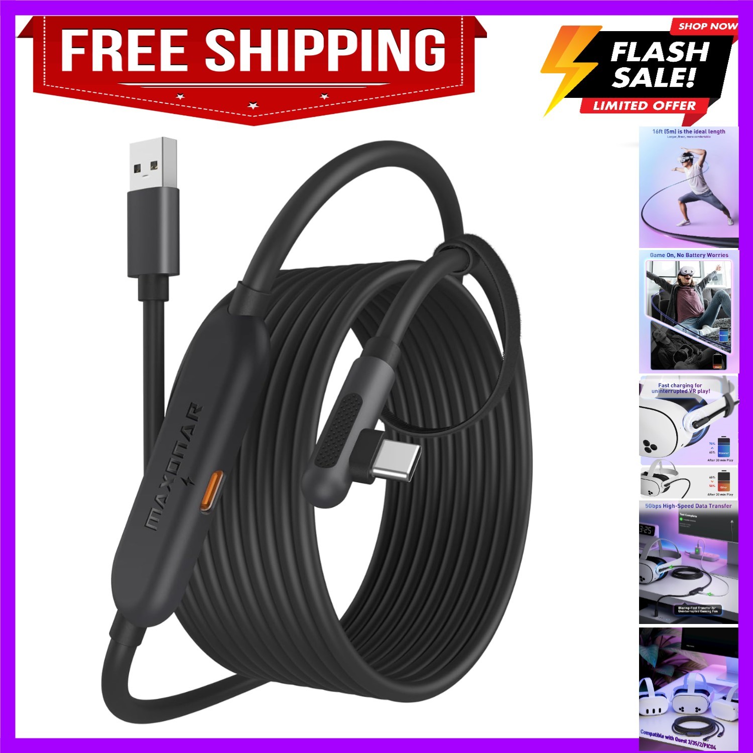 VR Charging Link Cable 16FT – Charge While Playing PC VR, USB 3.0 Stable Data...