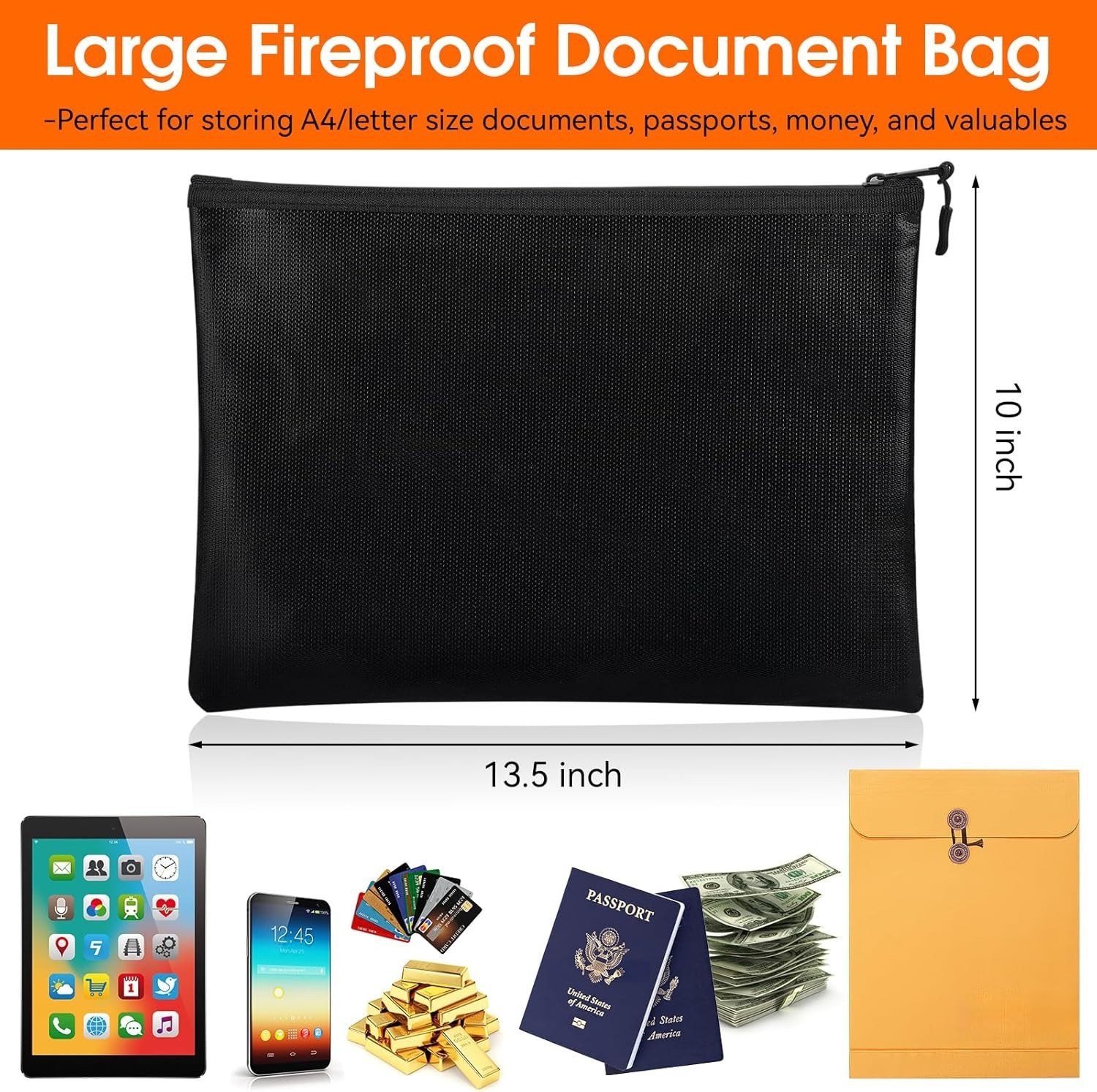 Fireproof & Waterproof Document Bag 10"x13.5" - Secure Storage for Valuables