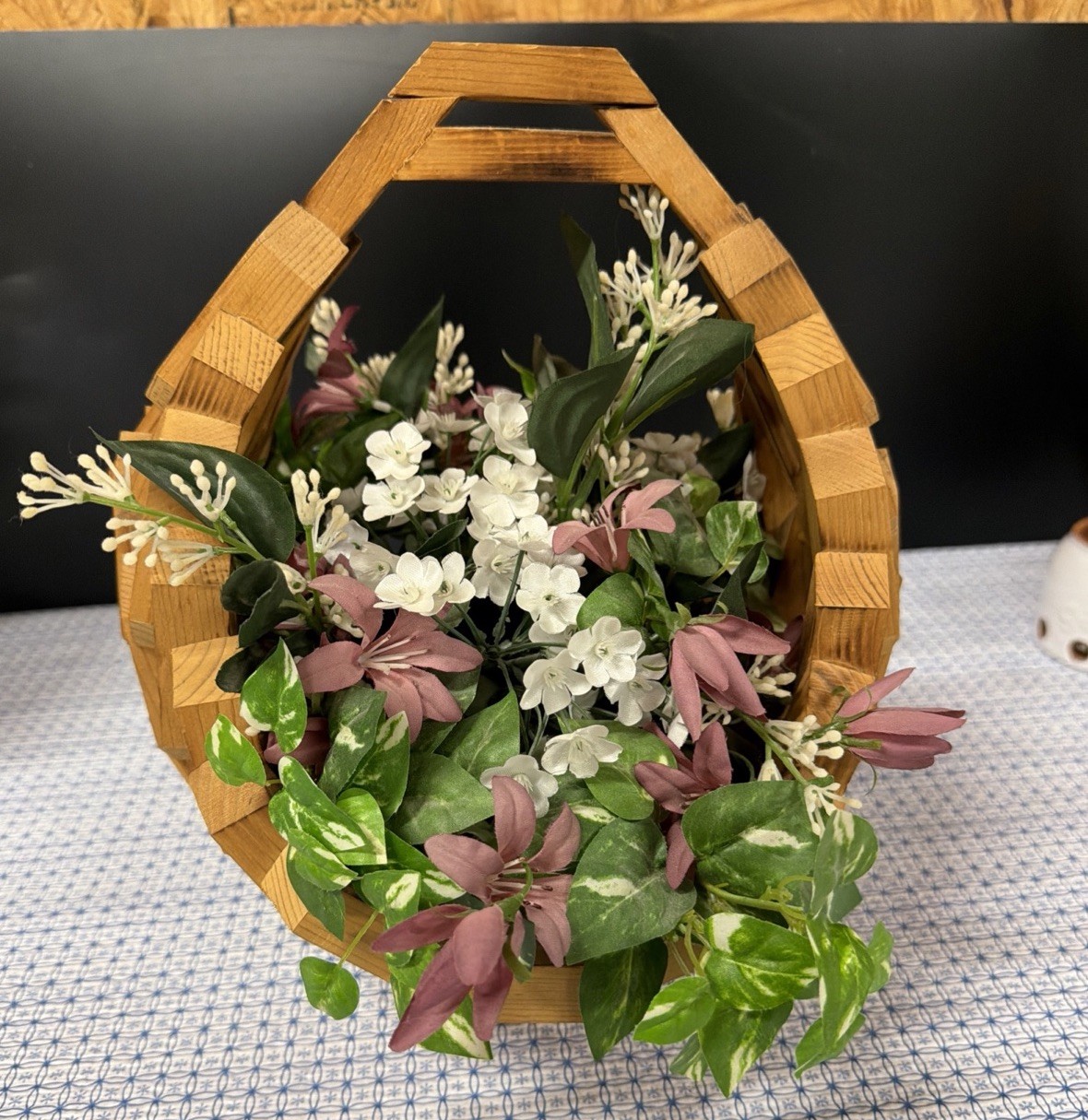 Vintage MCM Rustic Wooden Basket with Floral Arrangement Farmhouse Decor