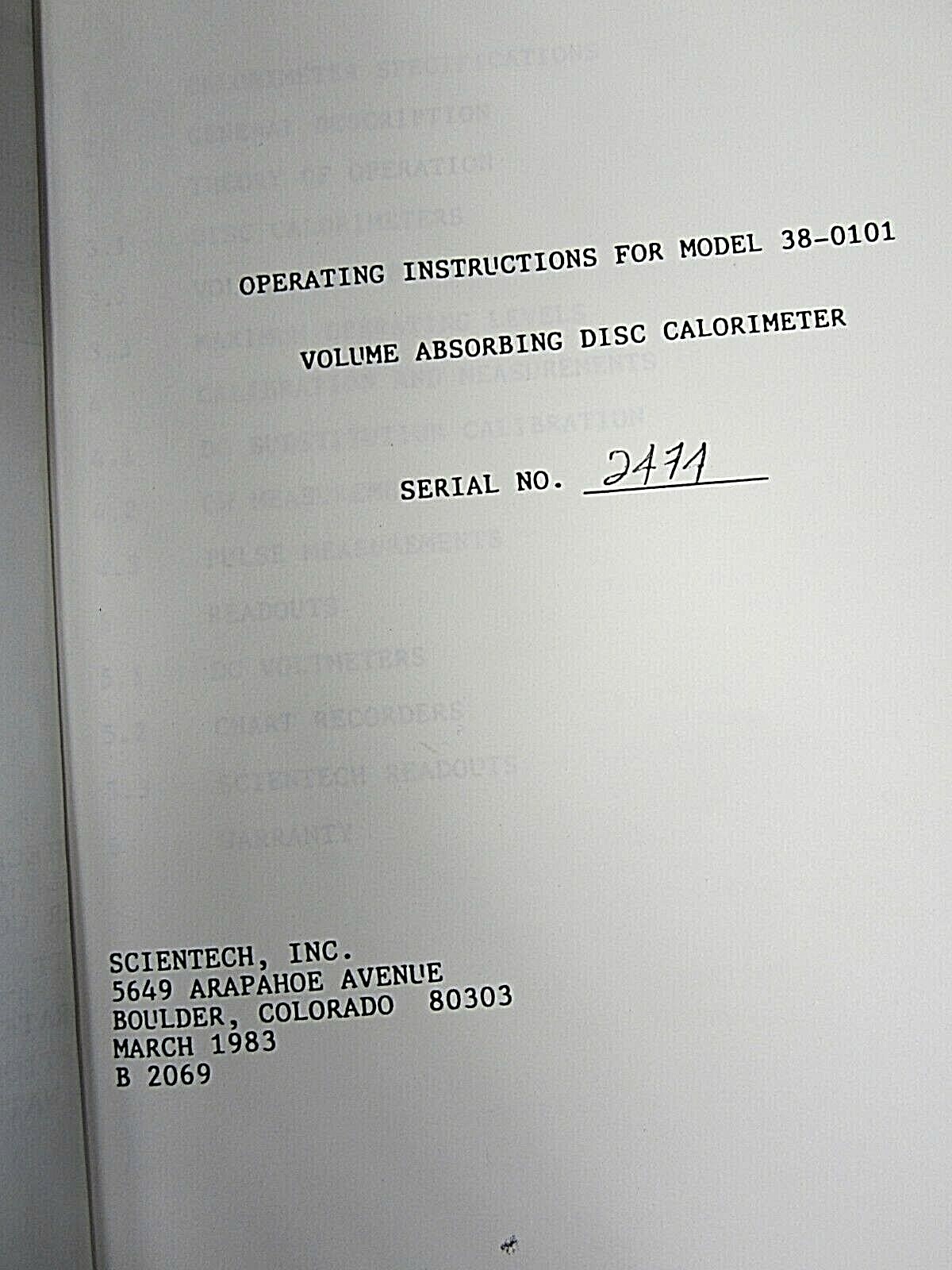 Scientech Operating Instructions Model 38-0101 Volume Absorbing Disc Calorimeter