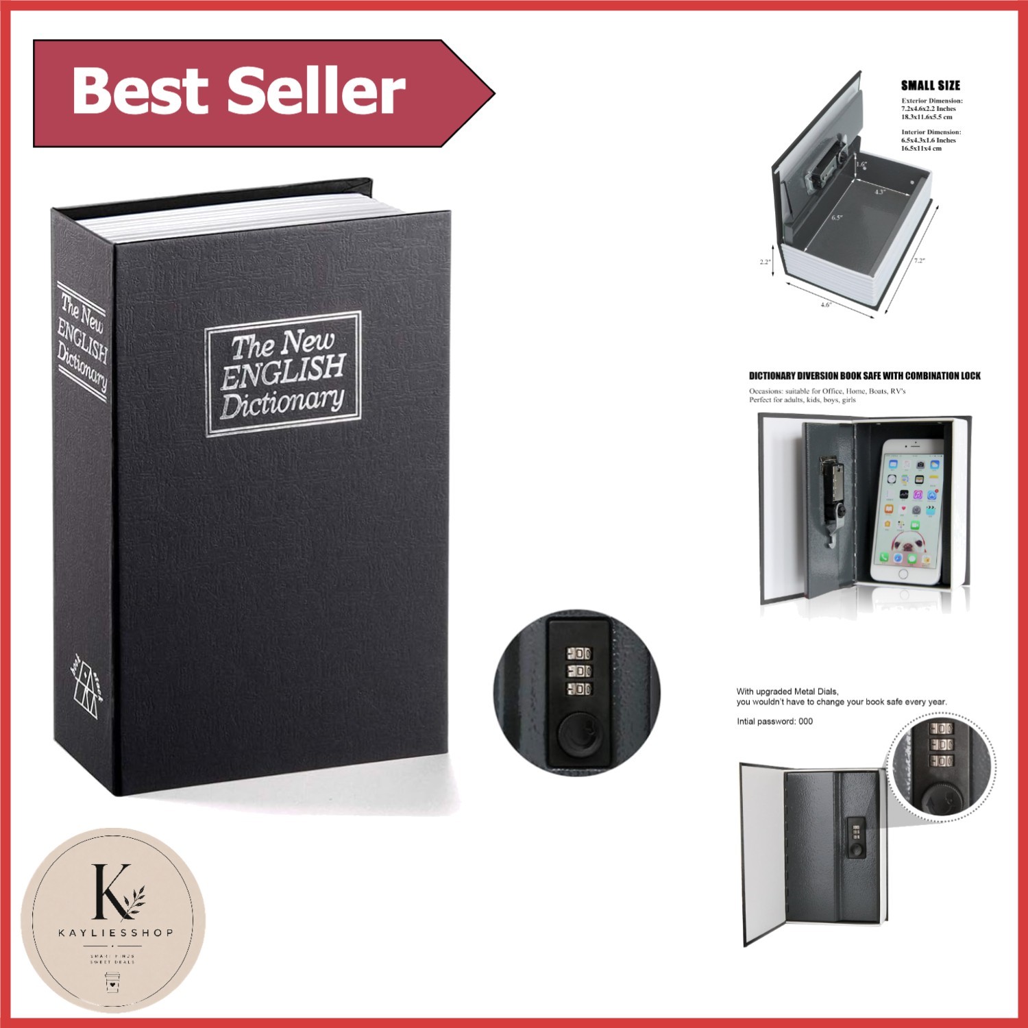 Compact Metal Book Safe with Security Combination Lock - Black, Small Size