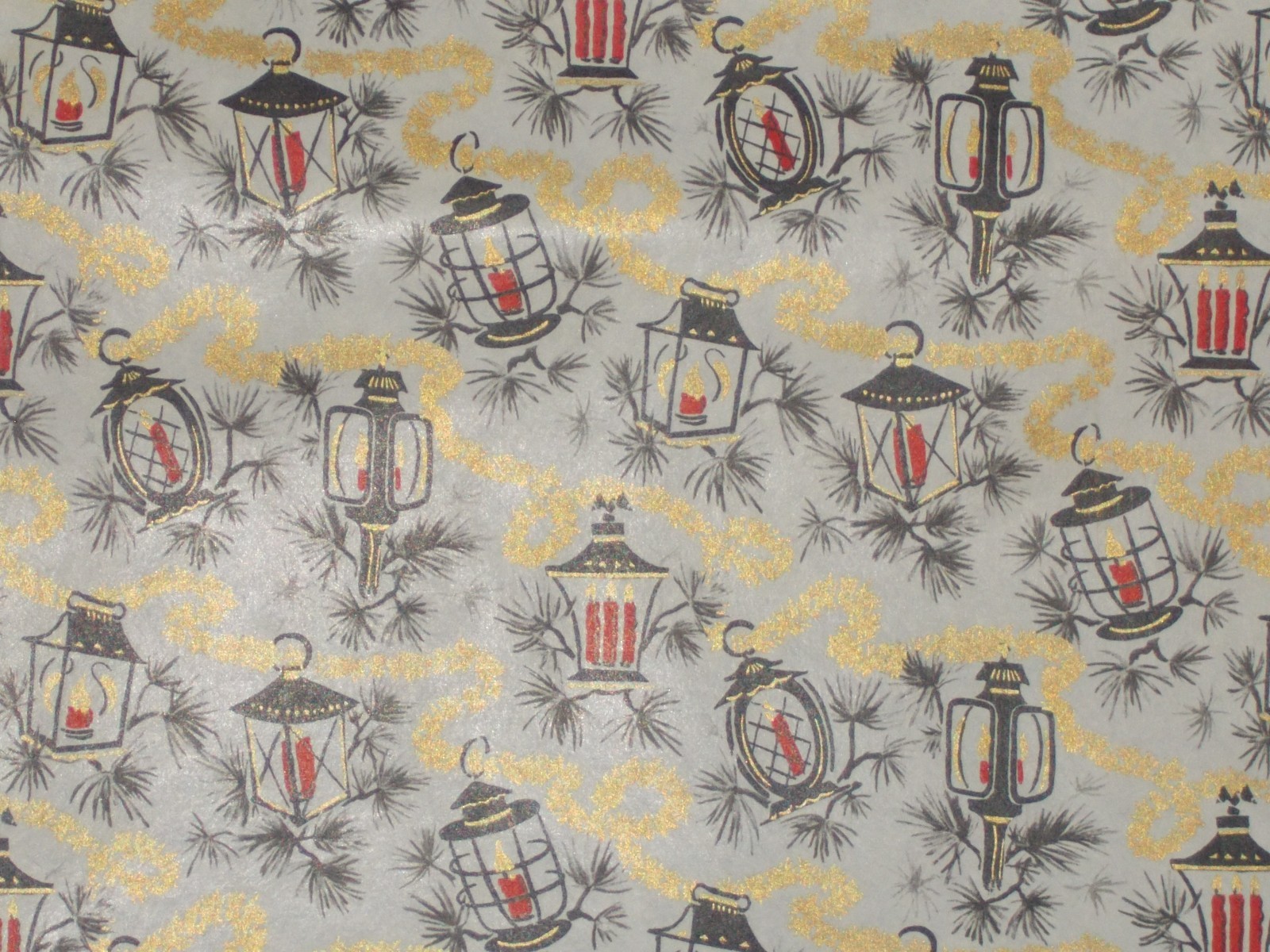VTG CHRISTMAS 1950 ATOMIC CANDLE LANTERN GARLAND WRAPPING PAPER  2 YARDS MCM