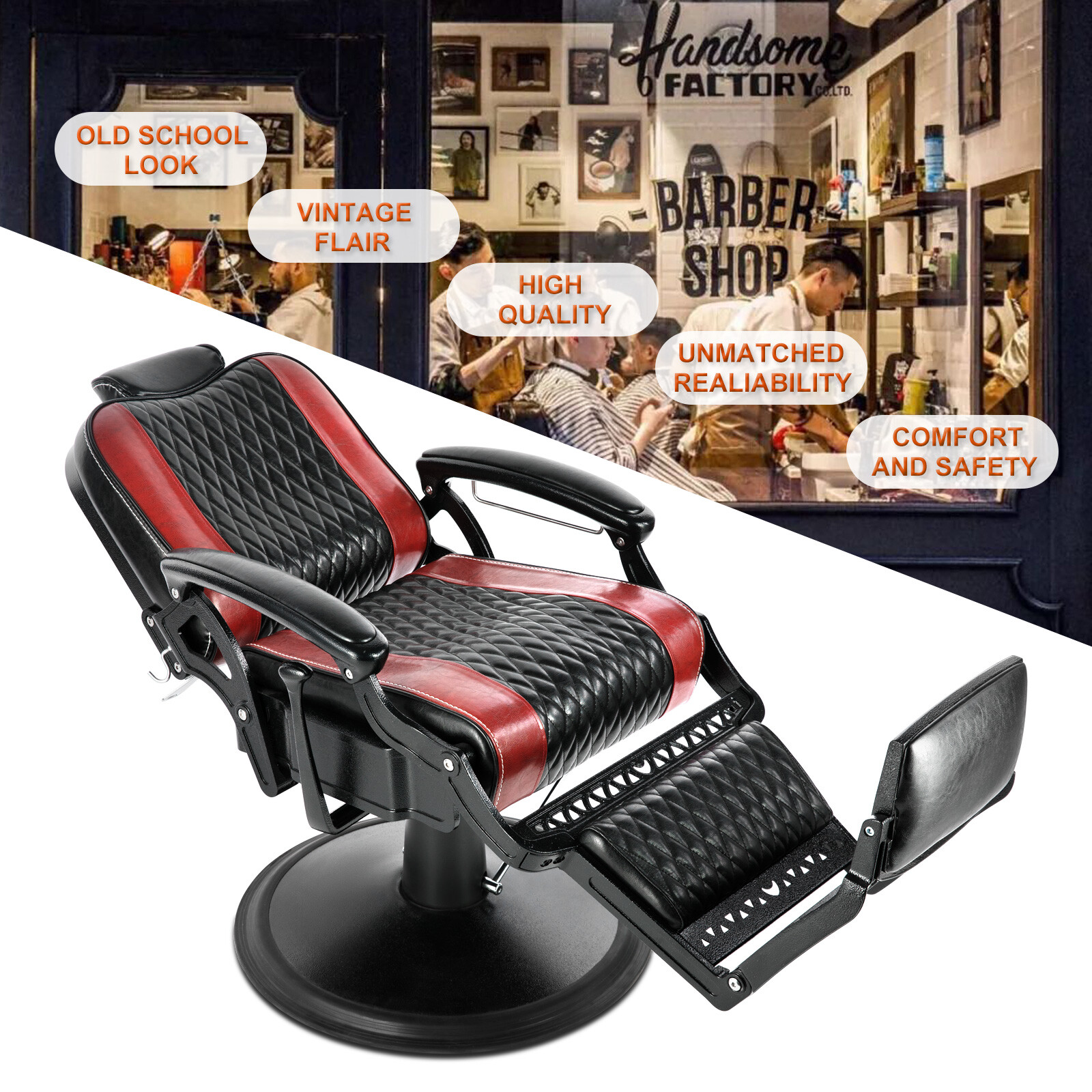 Black+Red Vintage Recline All Purpose Hydraulic Barber Chair Salon BeautyStyling