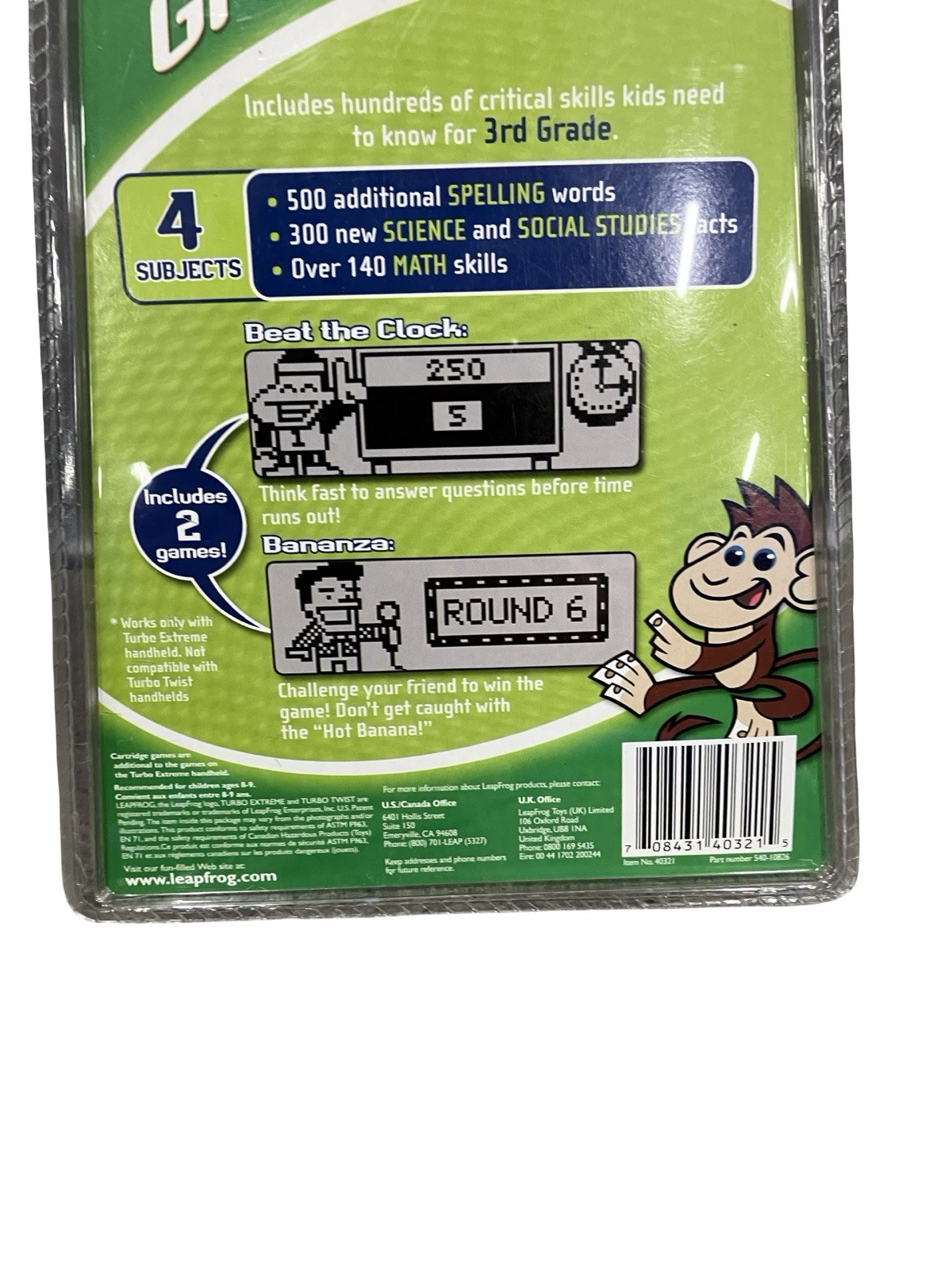 LeapFrog Turbo Extreme 3rd Grade Cartridge Social-Studies Science Math Spelling