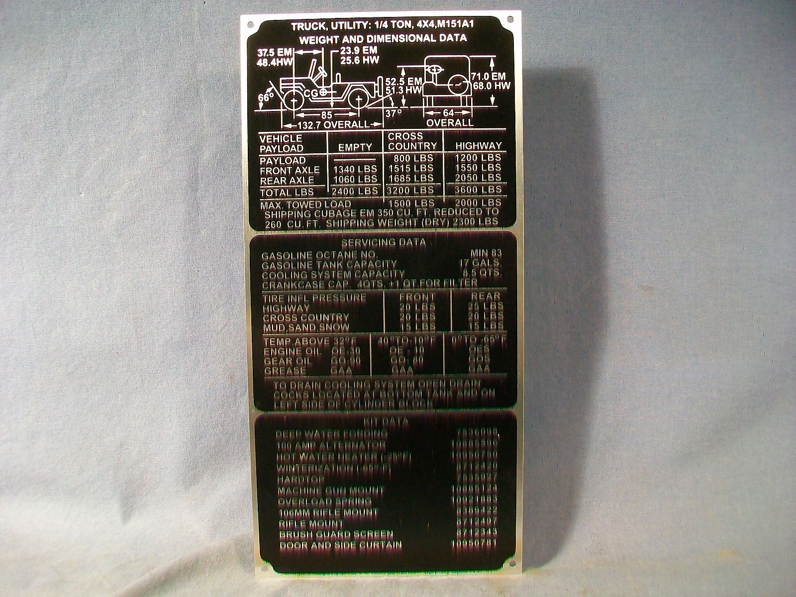M151 A1 Truck Utility 1/4 Ton Weight and Dimensional Data Plate NEW