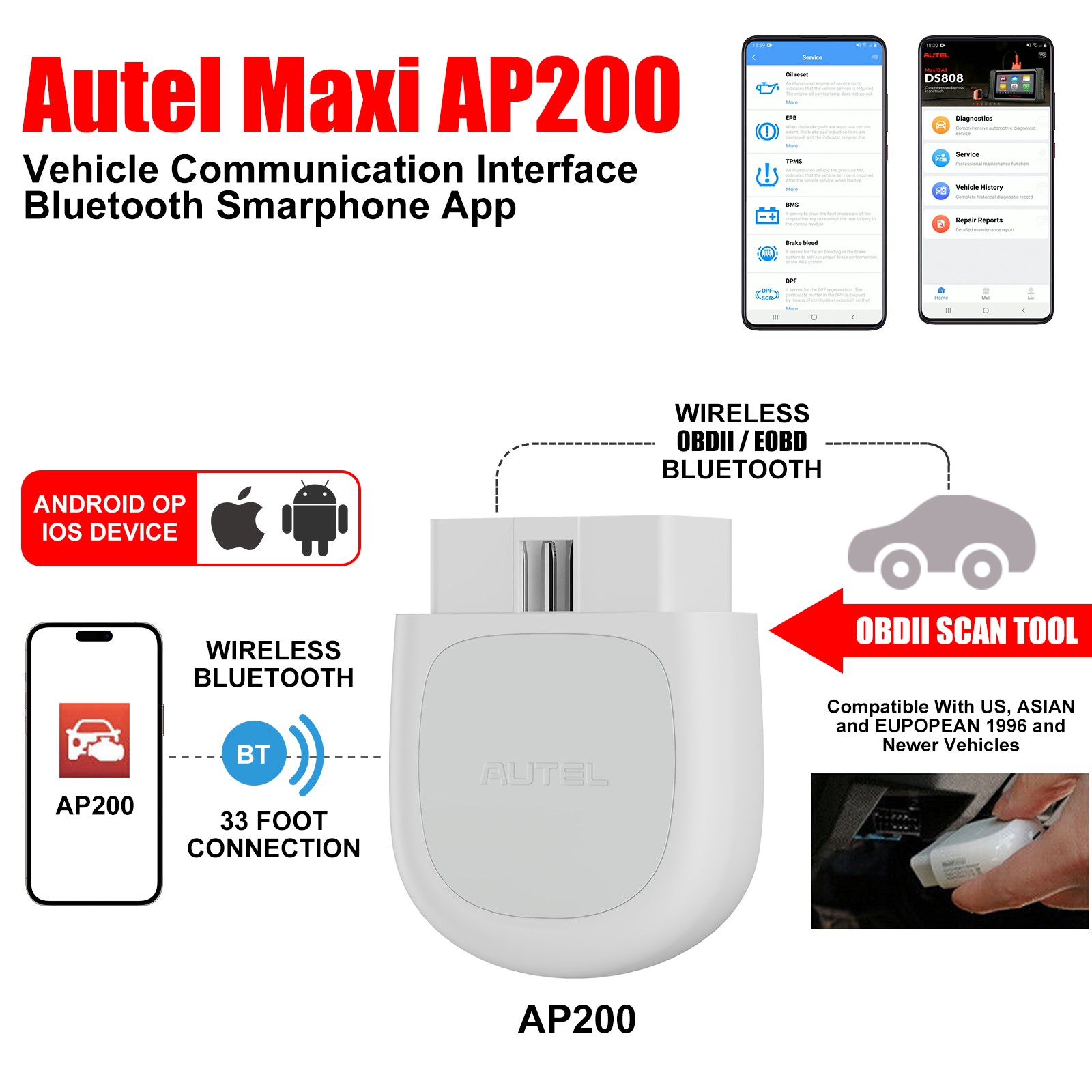 Autel MaxiAP AP200 Bluetooth OBD2 Scanner Code Full System Diagnostic TPMS IMMO