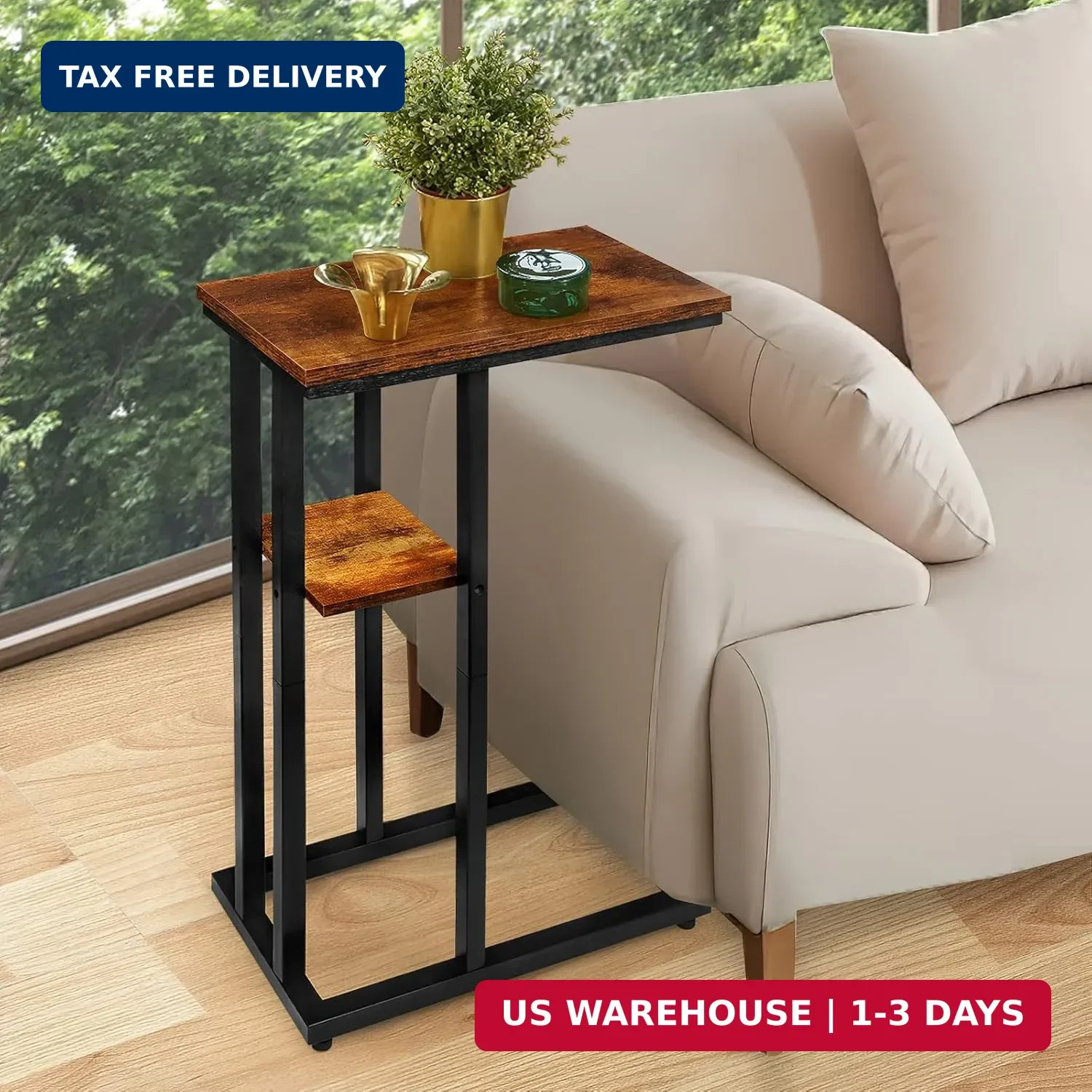 C Shaped Side Table for Sofa, Couch End Table for Small Spaces，Skinny Couch Side