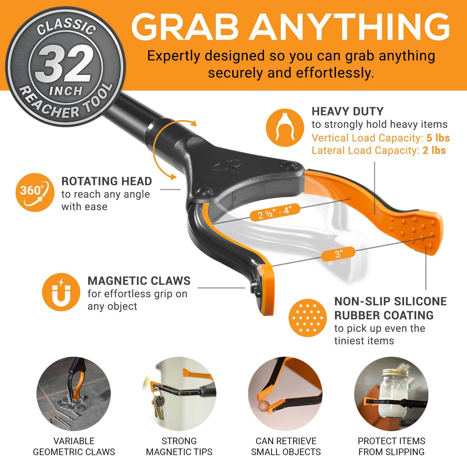 Classic 32” Folding Grabber Reacher Tool with Dual Magnets, Heavy Duty Trash ...