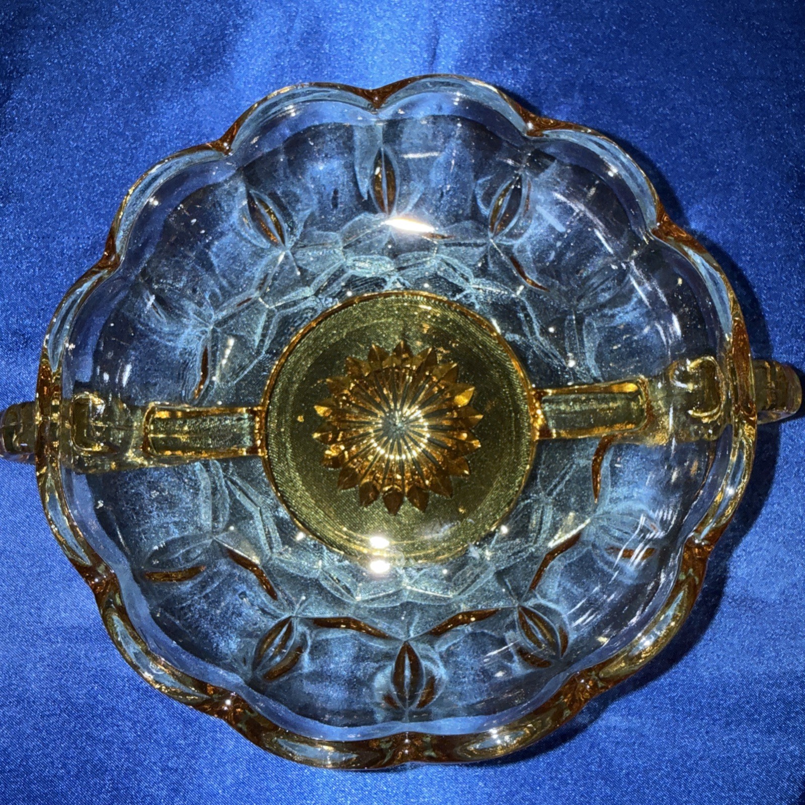 Vintage Anchor Hocking Fairfield Amber Glass Double Handled Candy Dish 5 1/4”